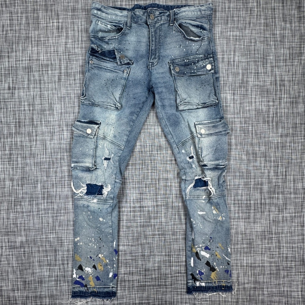 First Row Jeans Mens 34x32 Blue Skinny Cargo Paint Splatter Distressed Stretch